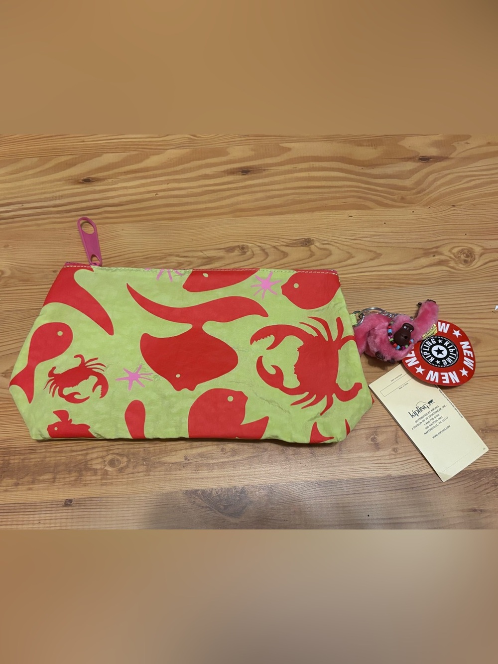 NWT Kipling green and orange zip pouch ocean sea